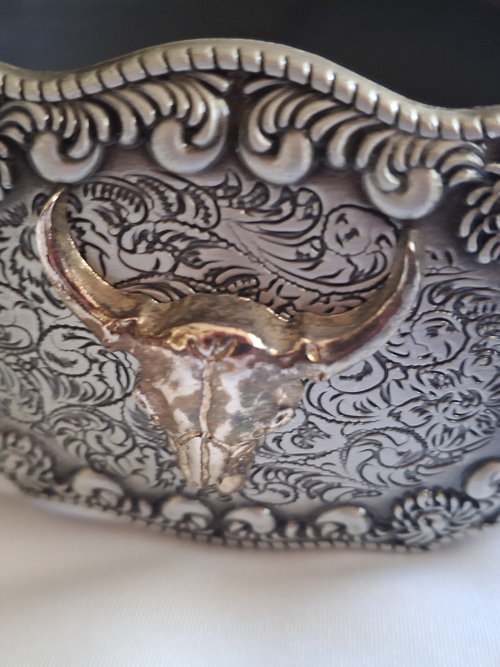 Western Belt Size 36 Longhorn Steer Skull Buckle Black Embossed Cowboy